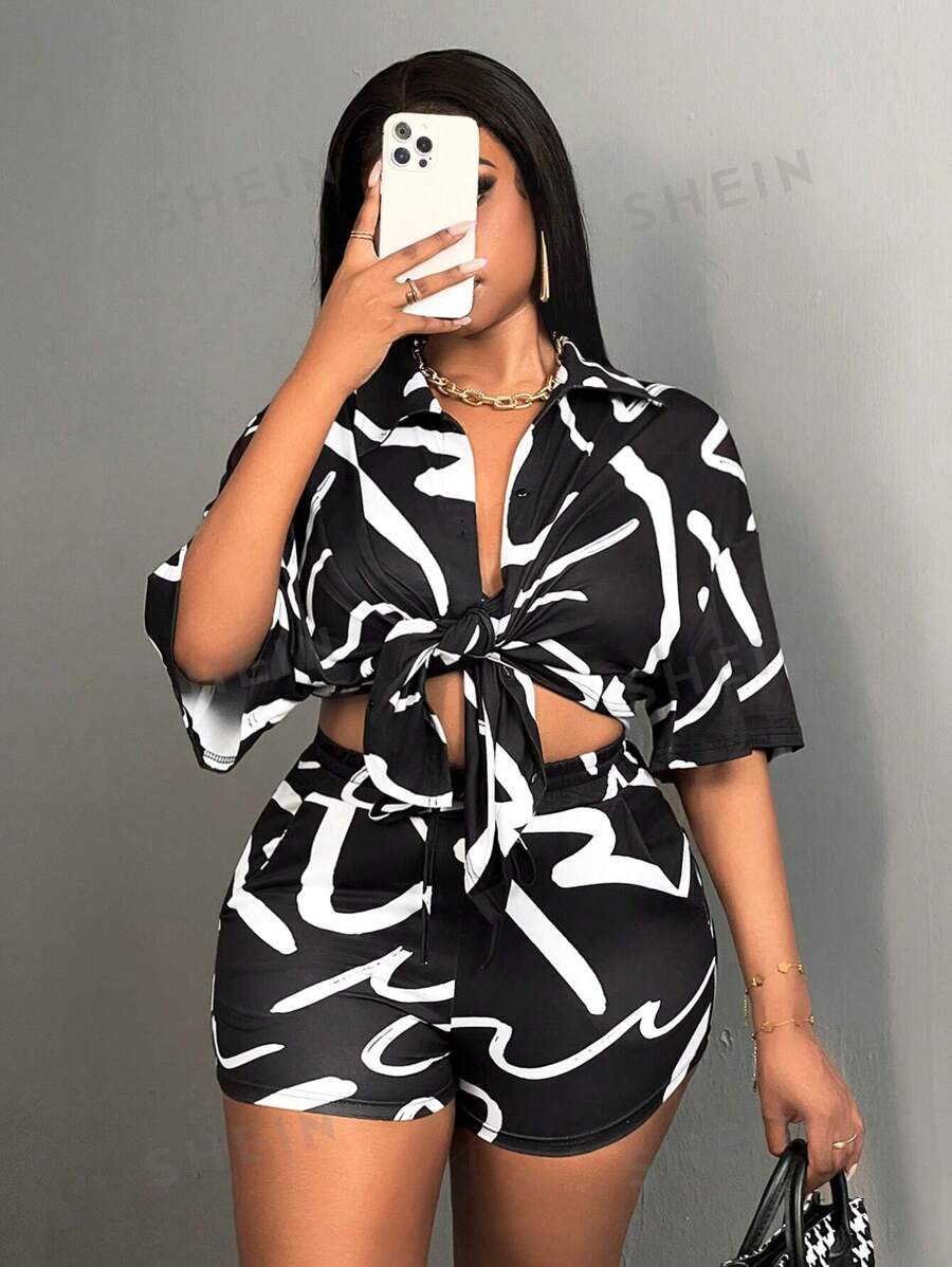 Slaydiva 1 conjunto Top de tirantes con estampado total, pantalones cortos ceñidos con cordones y camisa de manga corta con abertura frontal
