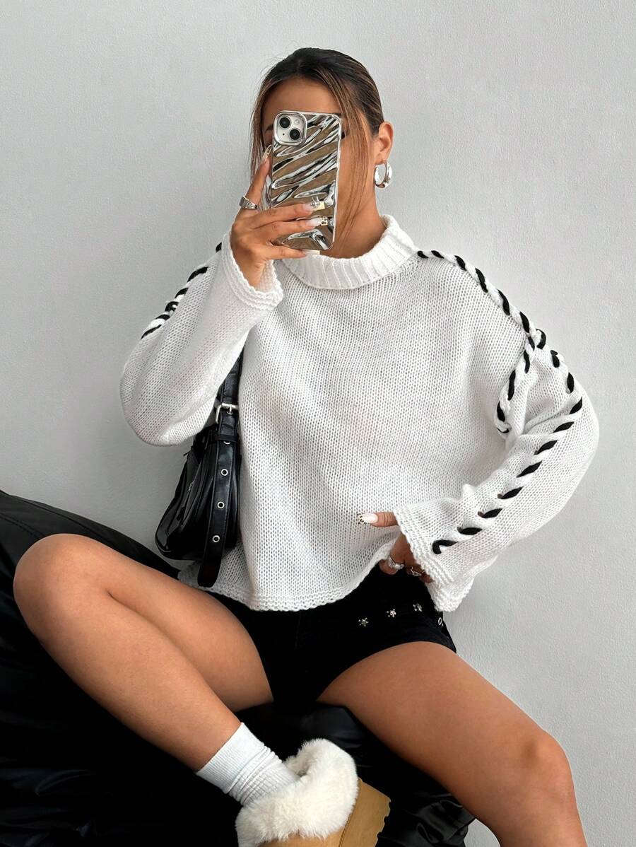 Flirla Women's Contrast Color Crew Neck Casual Long Sleeve White Sweater