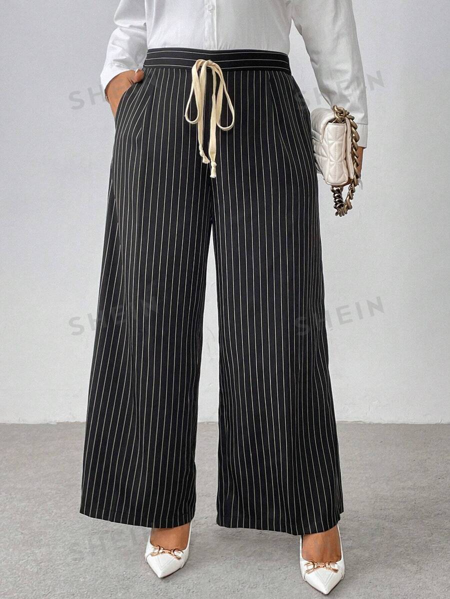 Calvaya Pantalones de traje a rayas con bolsillos anudados y talla grande