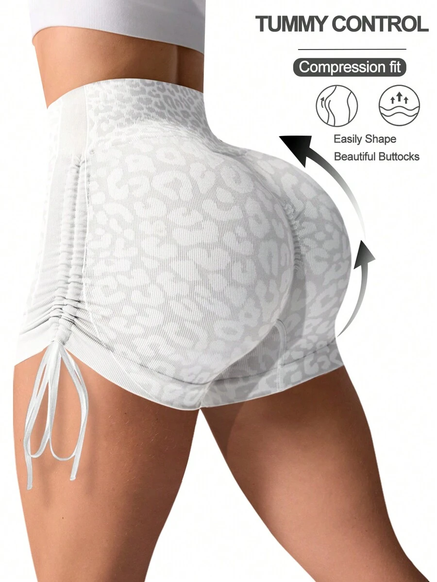 Women Leopard Print Drawstring Skinny Sports ShortsWomen Sweat Short, Gym Short, Biker Short