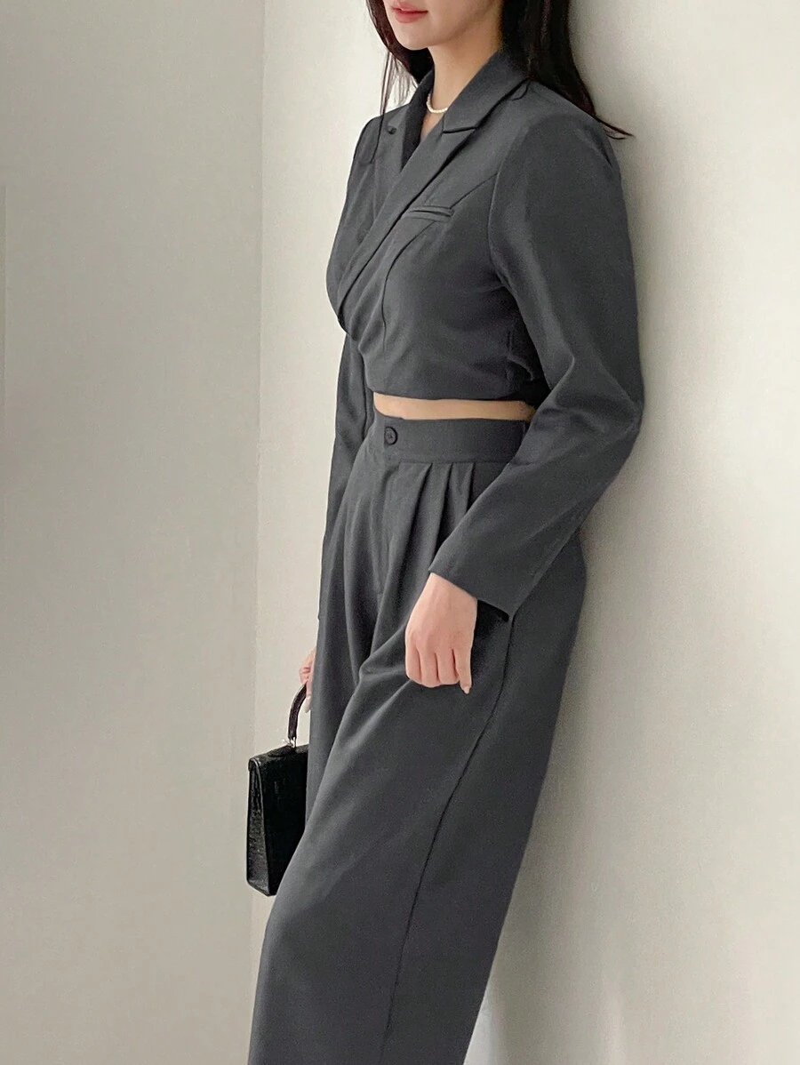 DAZY 2pcs Solid Color Short Blazer And Wide-Leg Pants Women's Suit Set