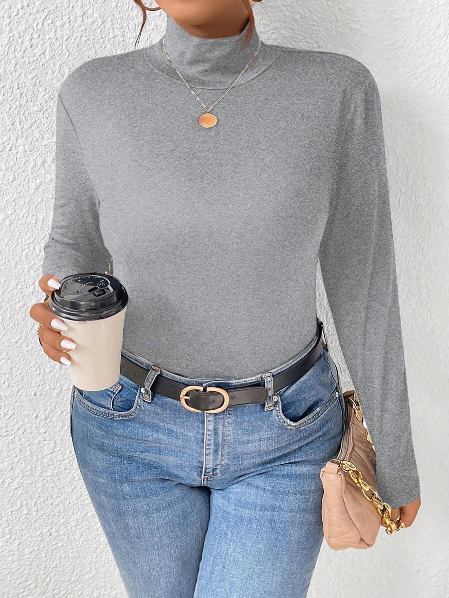 SHEIN PETITE CURVE T-shirt ajusté à manches longues col montant de couleur unie pour femmes en tailles plus