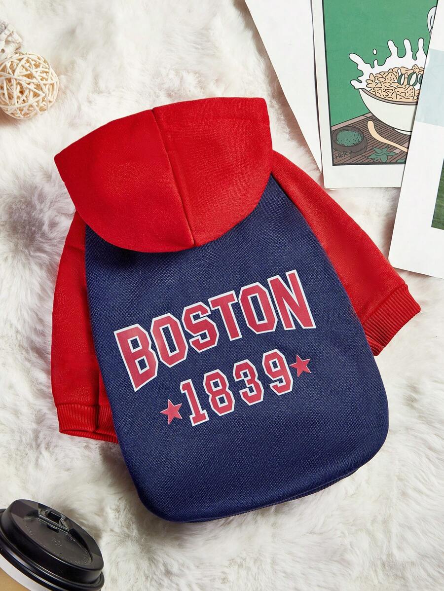 PETSIN 1 pièce sweat-shirt à capuche pour chien de compagnie dans l'impression de lettre vintage de Boston 1839, design de bloc de couleur contrastée