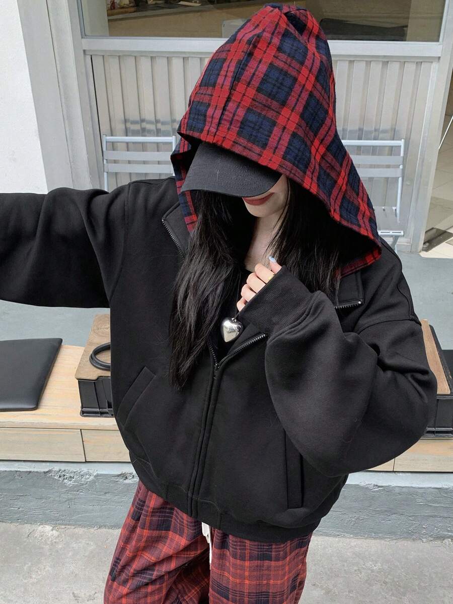 DAZY Women's Plaid Patchwork Loose Thermal Lined Sweatshirt