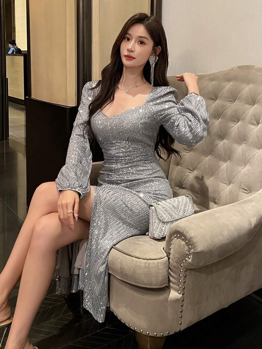 DAZY Women Square Neckline Sequin Side Slit Long Sleeve Midi Dress, Birthday ,New Year Eve Prom Dress