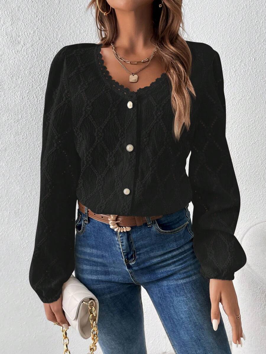 SHEIN Frenchy Solid Color V-Neck Button Front Lace Patchwork Long Sleeve Blouse,Long Sleeve Tops
