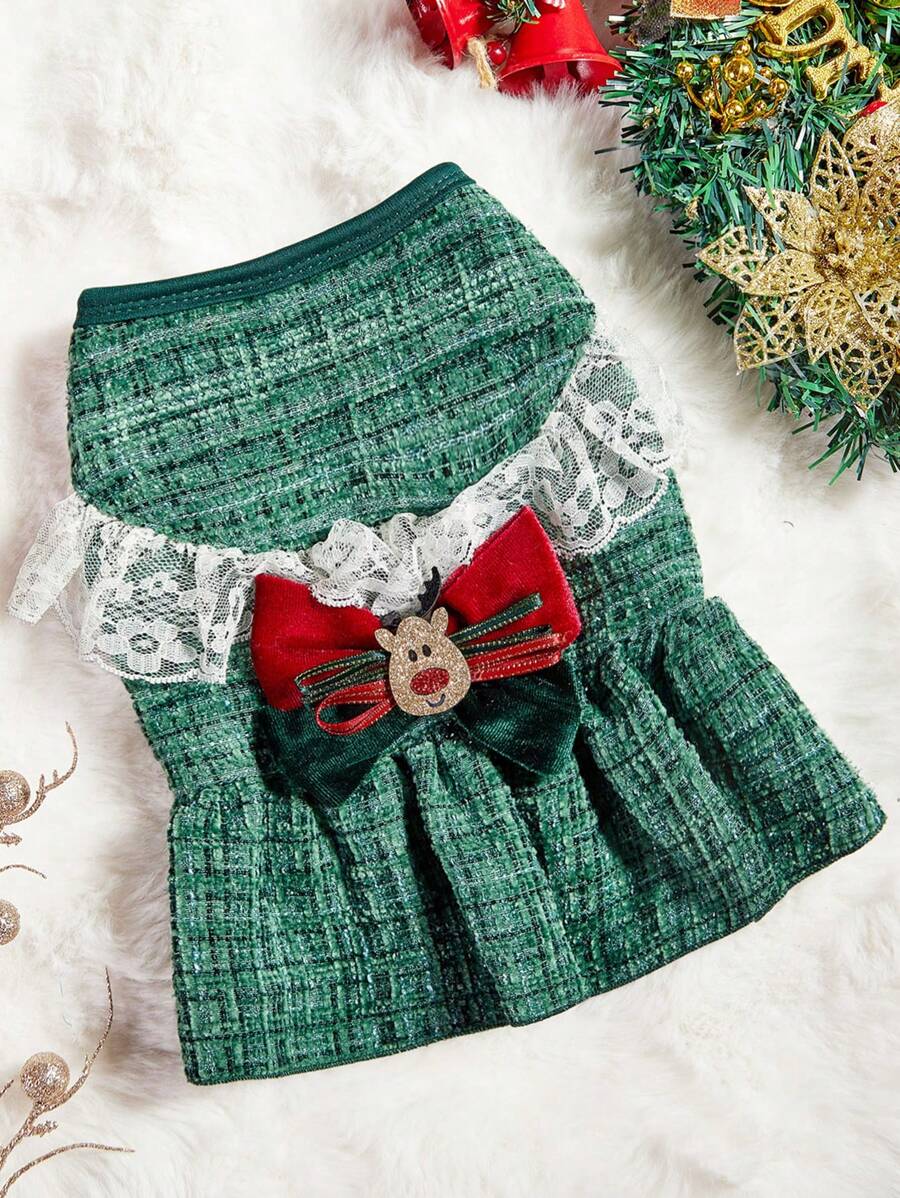PETSIN 1 pièce Robe de chien décorative avec nœud de cerf, patchwork à carreaux verts de Noël et dentelle pour animaux de compagnie