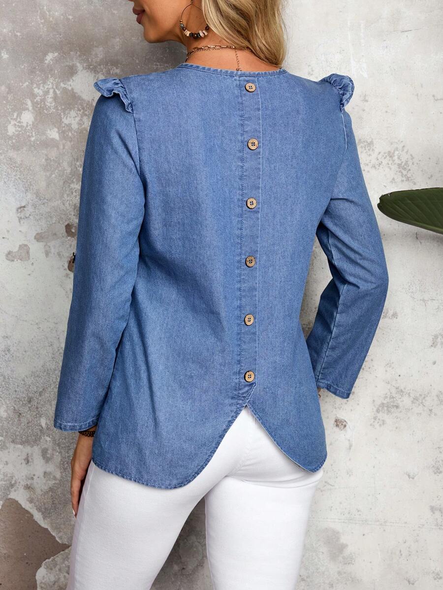 Women's Casual Denim Shirt With Back Button Detail, Autumn