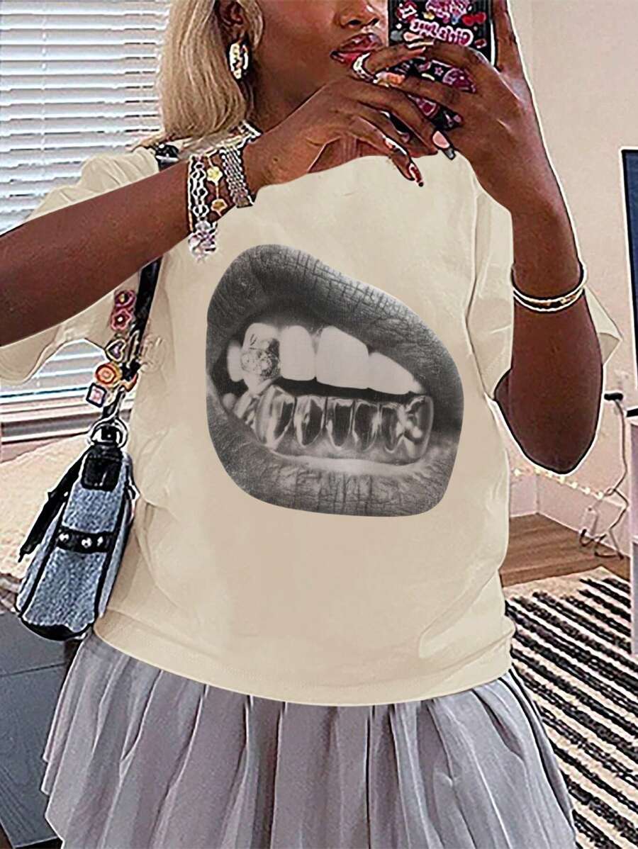 SHEIN Slayr Women's Lip Print Crew Neck Short Sleeve Casual T-Shirt