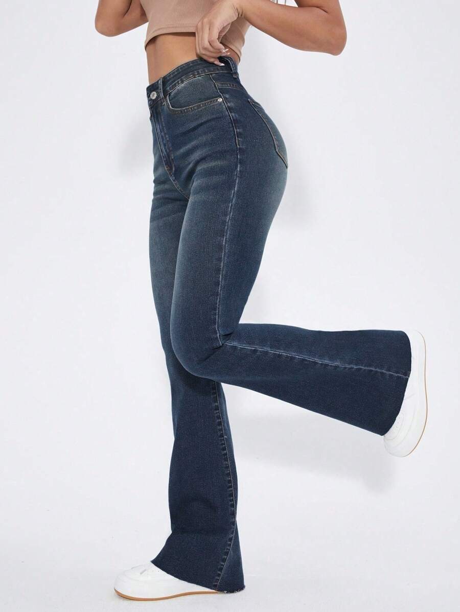 SHEIN EZwear Washed Denim Blue High Waist Flare Leg Jeans