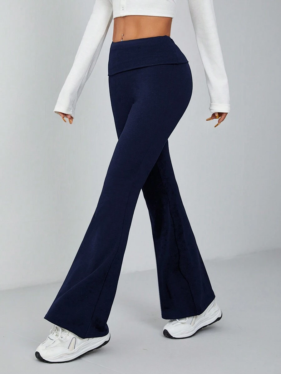 SHEIN PETITE Women Solid Flare Skinny Pants Fold Over Leggings Stretch Bootcut Flared Yoga Pants Y2k Joggers