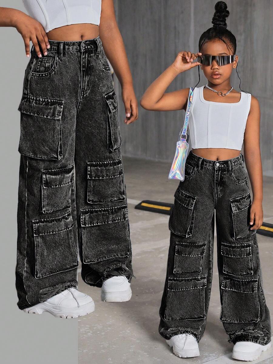 SHEIN Tween Girls' Y2K Fashion Stonewashed Multi-Pocket Distressed Cargo Jeans Baggy Wide Leg Pants, Tween Girl Fall Clothes Back To School Outfits