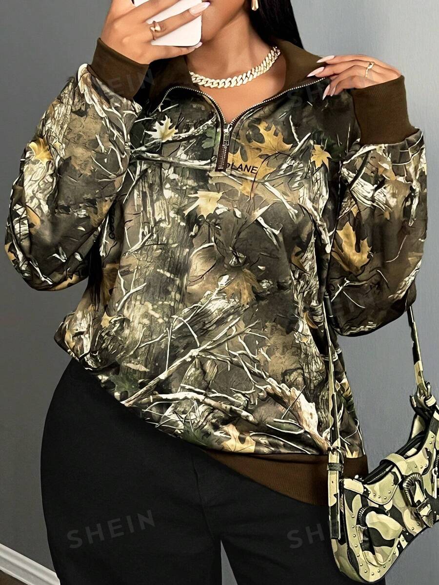 Slaydiva Sudadera holgada con estampado de camuflaje de manga larga con cremallera, estilo minimalista y casual básico, ideal para uso diario, mujeres/Gyaru/Utilidad, para Navidad, Año Nuevo y Día de San Valentín