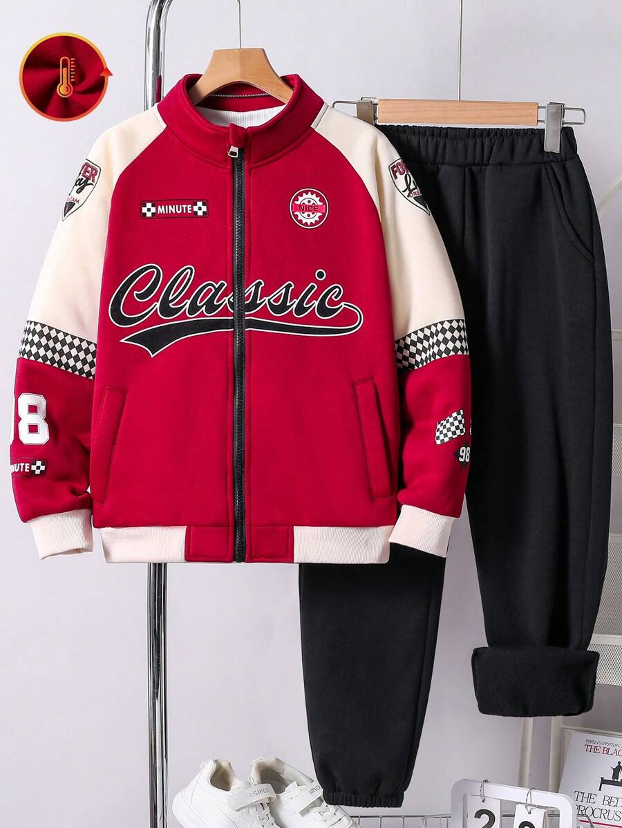 SHEIN 2pcs Tween Boy Streetwear Letter Print Color Blocking Fleece Jacket And Pants Set