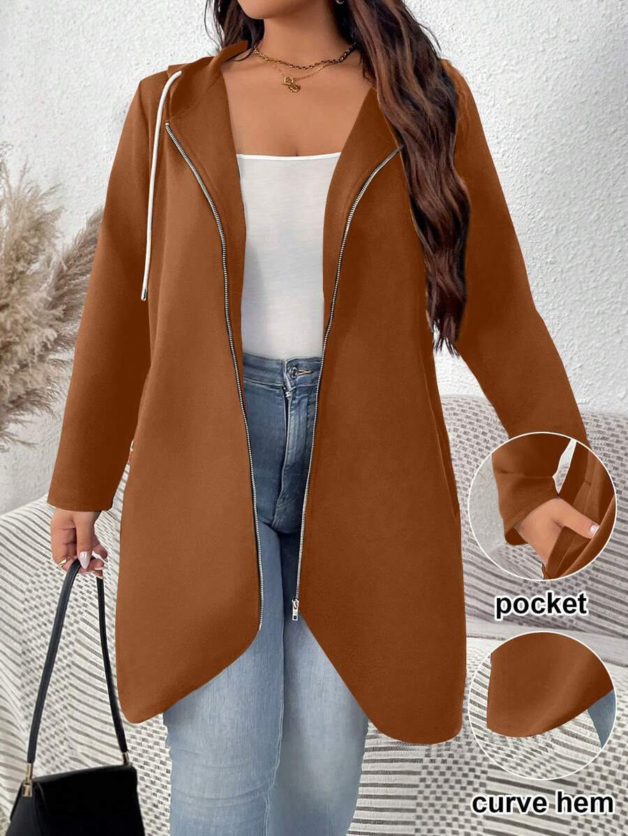 SHEIN LUNE Plus Size Women's Christmas Black Hoodie Fall Clothes Teacher Clothes Back To School Gradient Pattern Simple Daily Long Sleeve Coat