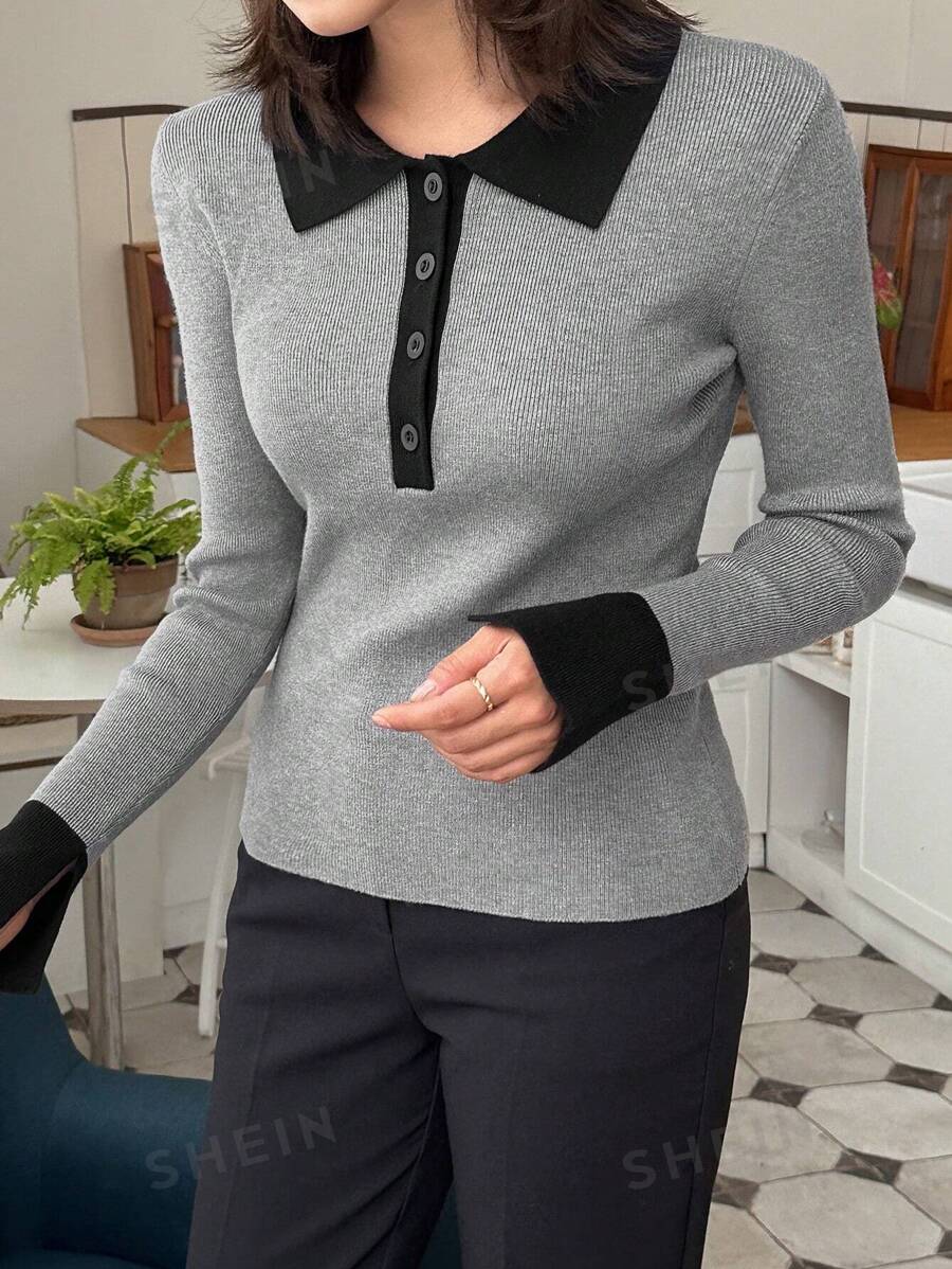 DAZY Suéter elegante de manga larga de punto con ribete contrastante y botones delanteros para mujeres