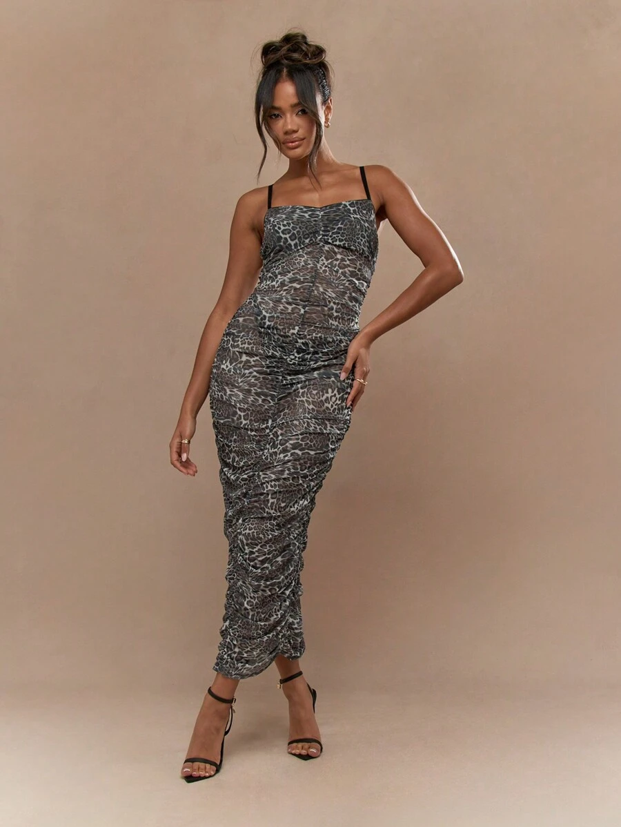 MISSGUIDED Sheer Leopard Print Sweetheart Neck Spaghetti Strap Ruched Midaxi Dress