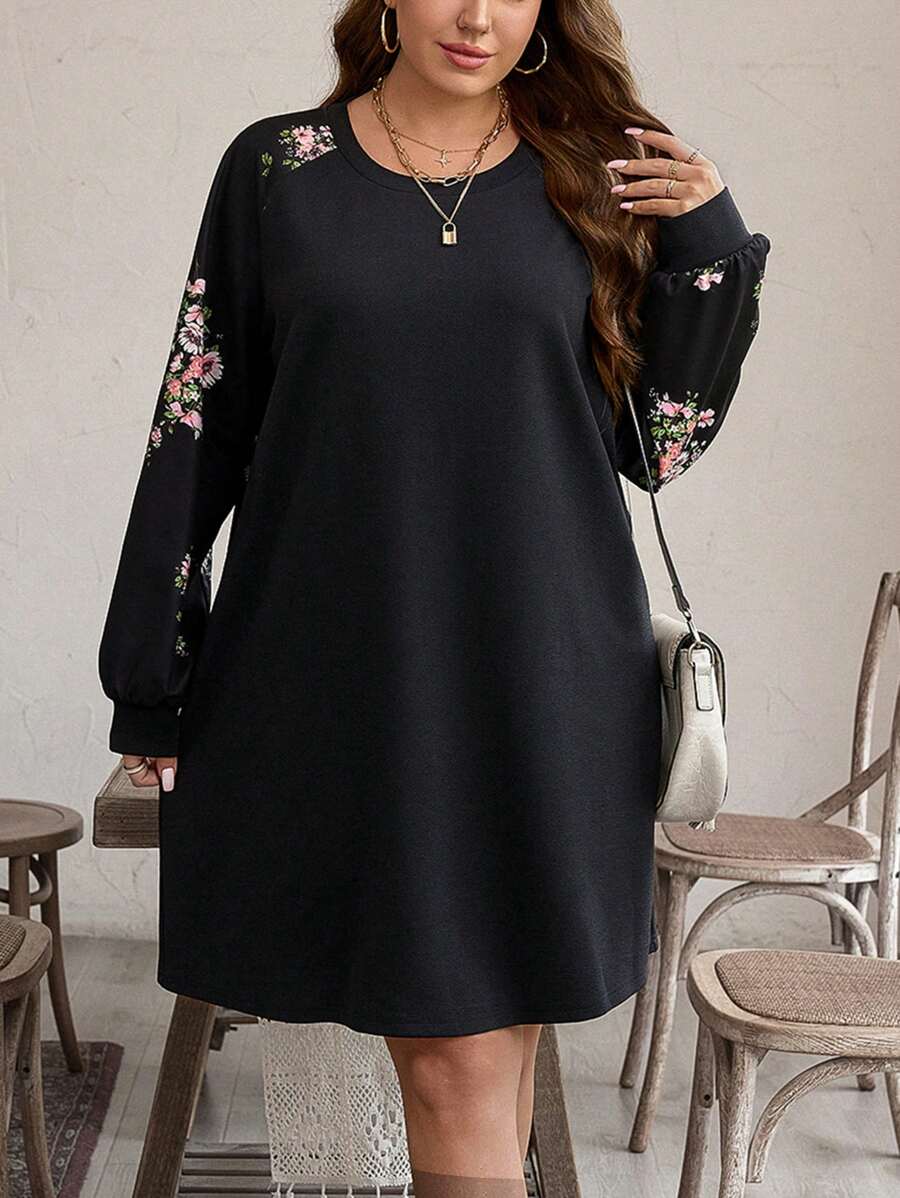 SHEIN LUNE Plus Size Women Floral Print Long Sleeve Knee-Length Loose Casual Dress For Autumn Holiday Outfit Holiday Party Dress Plus Dress
