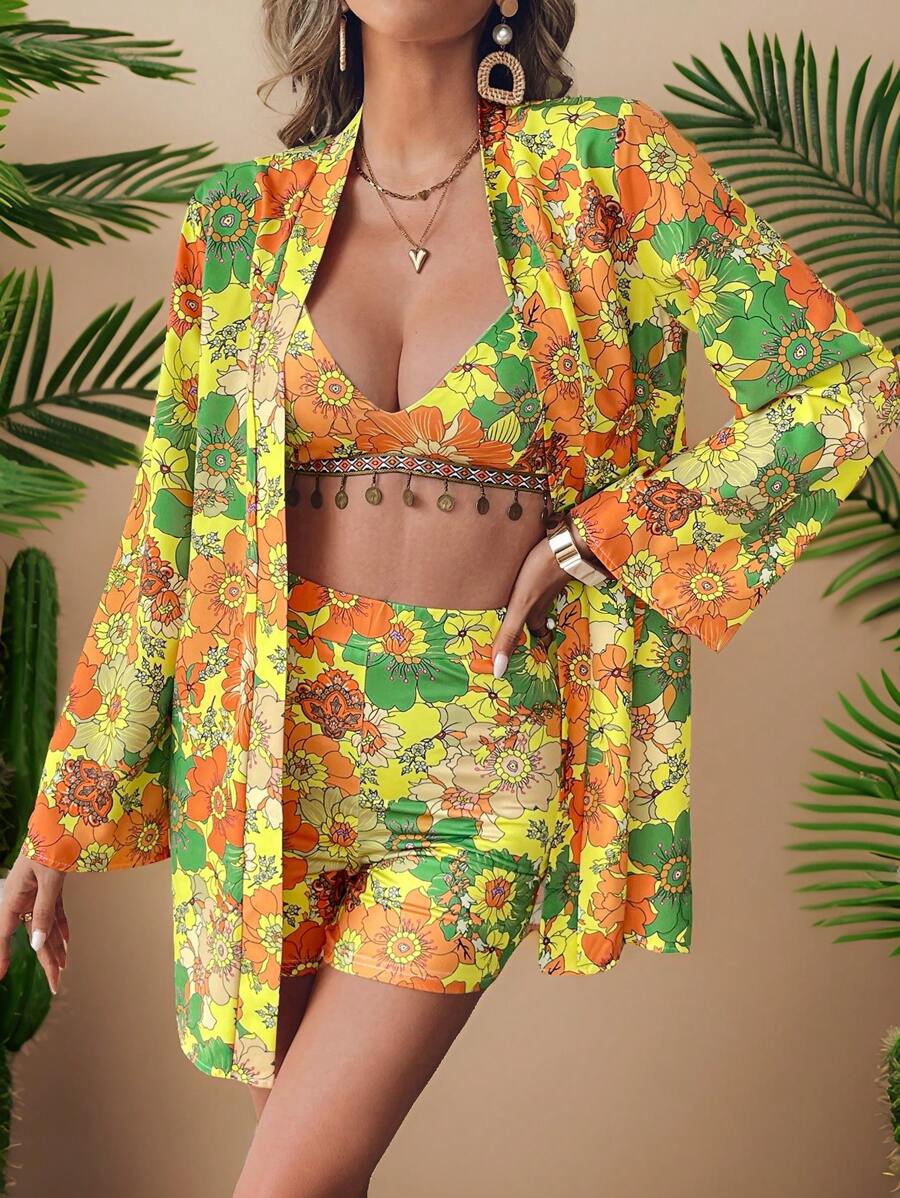 Travachic 3pcs Set: Floral Print Long Sleeve Jacket, Spaghetti Strap Camisole Top And Shorts, Casual Vacation Wear