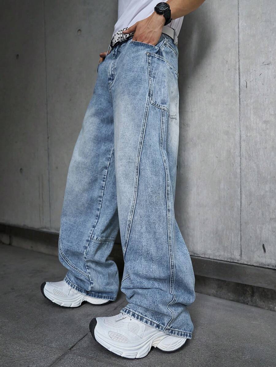 Manfinity Hypemode Jeans décontractés en denim lavé ample pour hommes, jeans bleus amples lavés unis. Idéal pour le mari, cadeau pour le petit ami