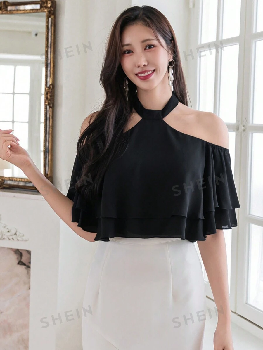 DAZY Blusa de unicolor con cuello de volantes, adecuada para uso casual y laboral