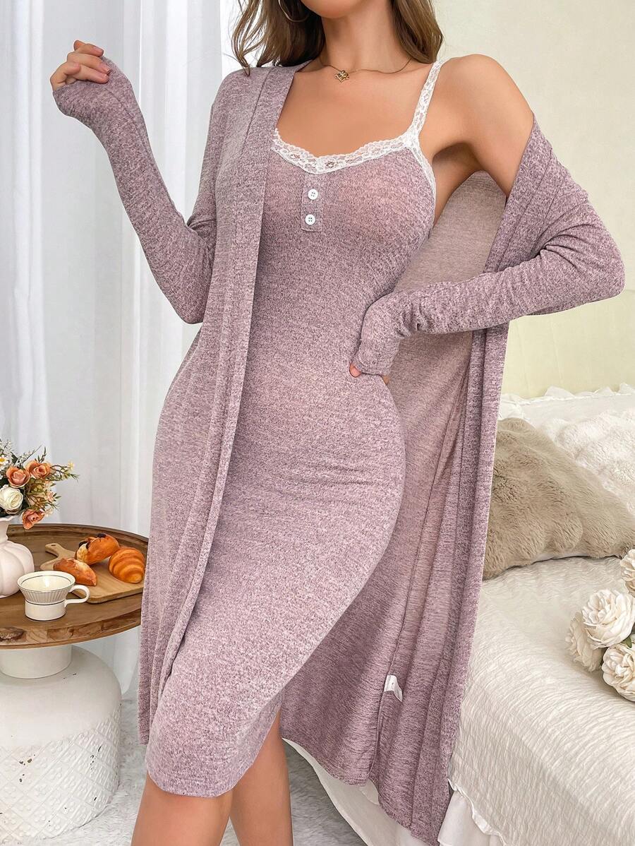 Conjunto de pijama informal elegante para mujer con camisa de encaje en contraste y chaqueta, conjunto de prendas de estar en casa para otoño