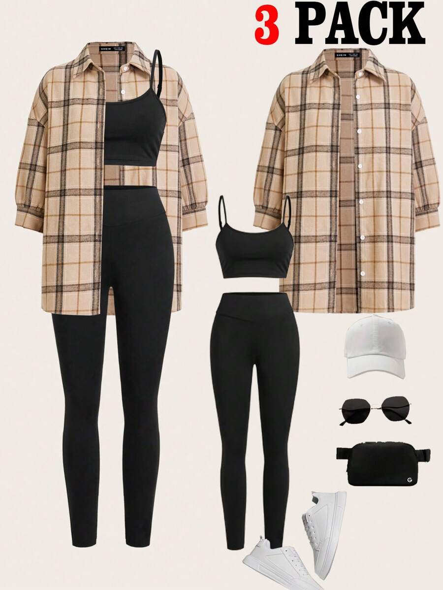 SHEIN Essnce Women's Casual Light Sports Summer Outfit, Sexy & Fashionable Outdoor Cycling Tennis Travel Spaghetti Strap Top Spaghetti Strap Top & Compression Trousers Pants & Plaid Shirt 3pcs/Set