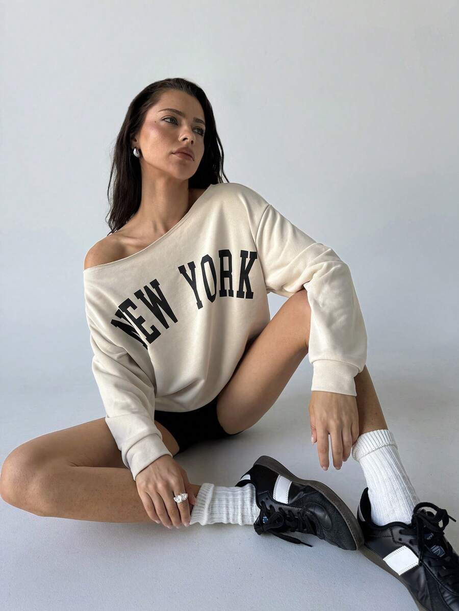 Aloruh Women's Fall Top Fashion Commuting Casual Loose Daily Sports Street Asymmetric Collar Drop Shoulder Loose Letter Print Long Sleeve Knitted Sweatshirt Apricot Sweatshirt Thin Sweatshirt Top, Spring And Autumn