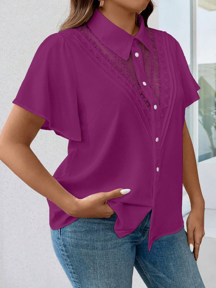 SHEIN Clasi Plus Size Casual Contrast Lace Flutter Sleeve Blouse, Summer