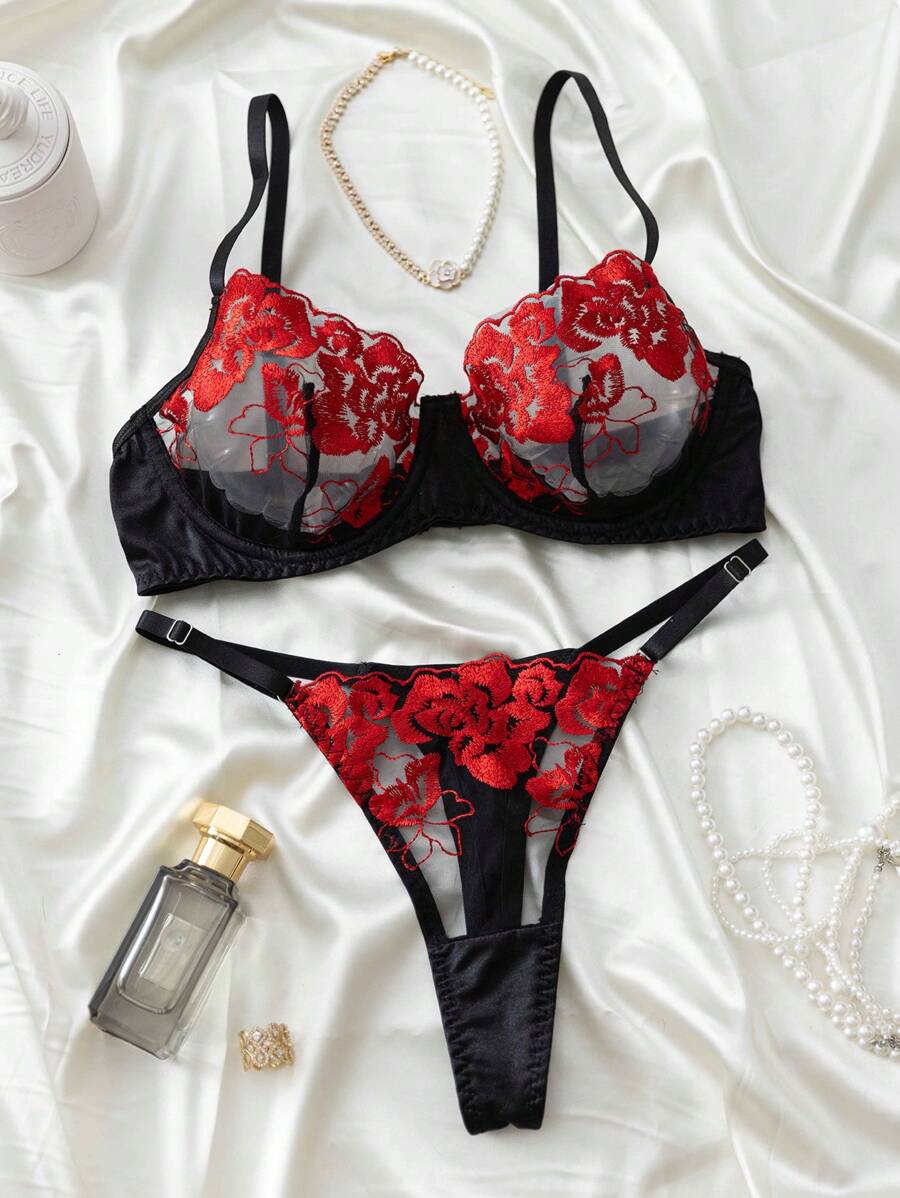 Set de 2 piezas de lencería de moda con bordado floral de malla para mujeres