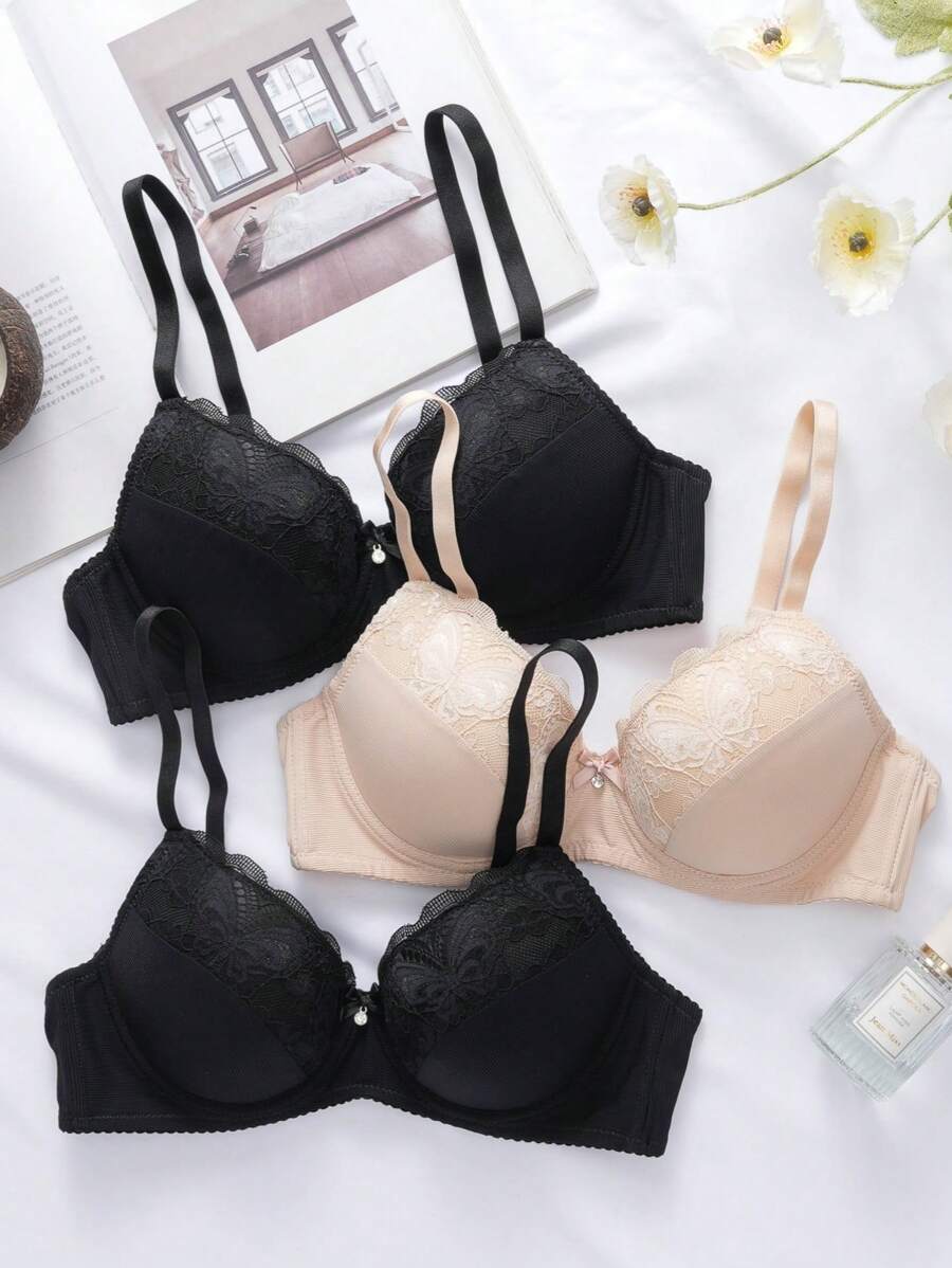 3 piezas Conjunto de sujetadores sexy, romántico, casual, cómodo, de encaje, con parches, con aros, levantador, push up, ajustable