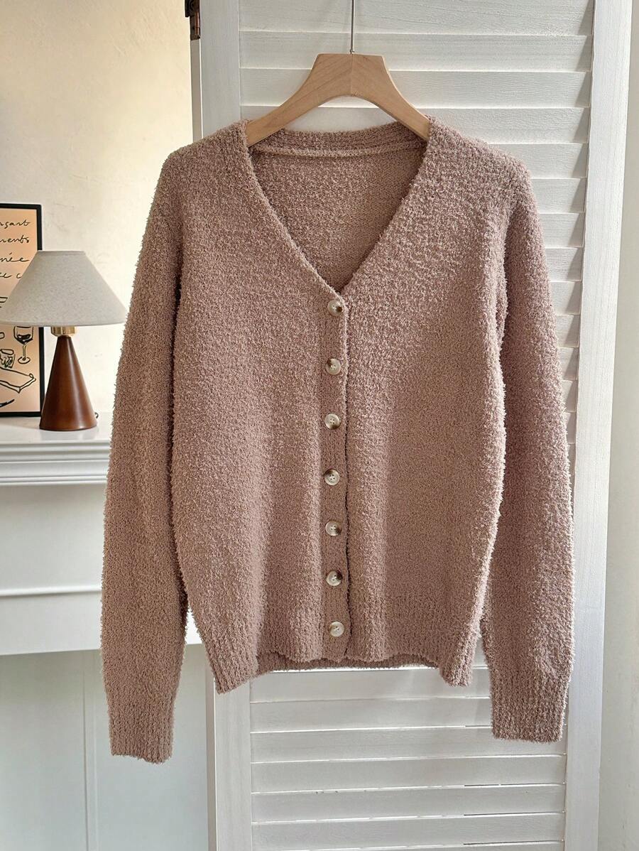 Calvaya Solid Drop Shoulder Oversize Single Breasted Placket Fluffy Knit Lightweight Cardigan