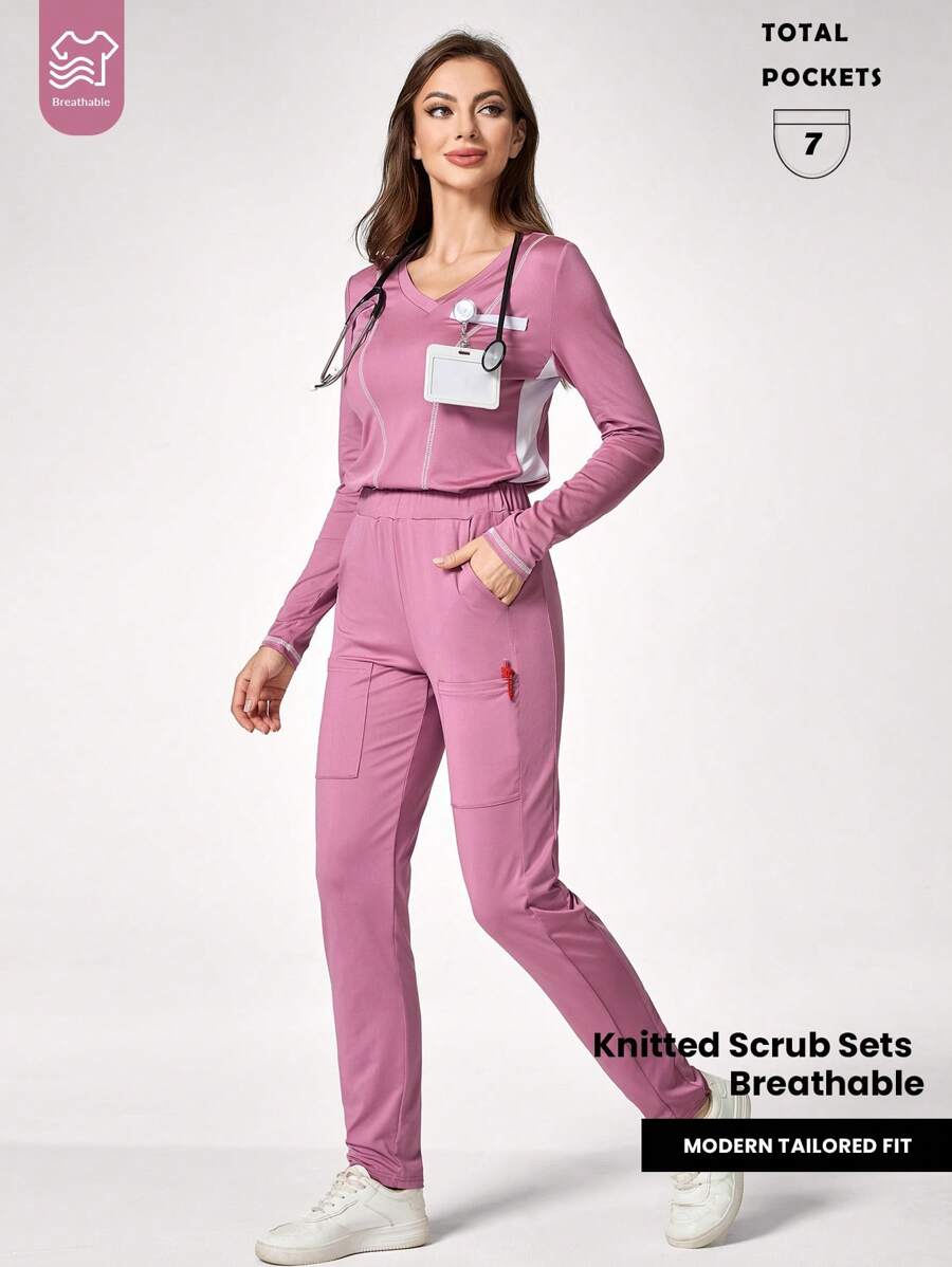 TaskEZ Contrast Color V-Neck Long Sleeve Top And Pocket Pants Casual Uniform Scrub Set