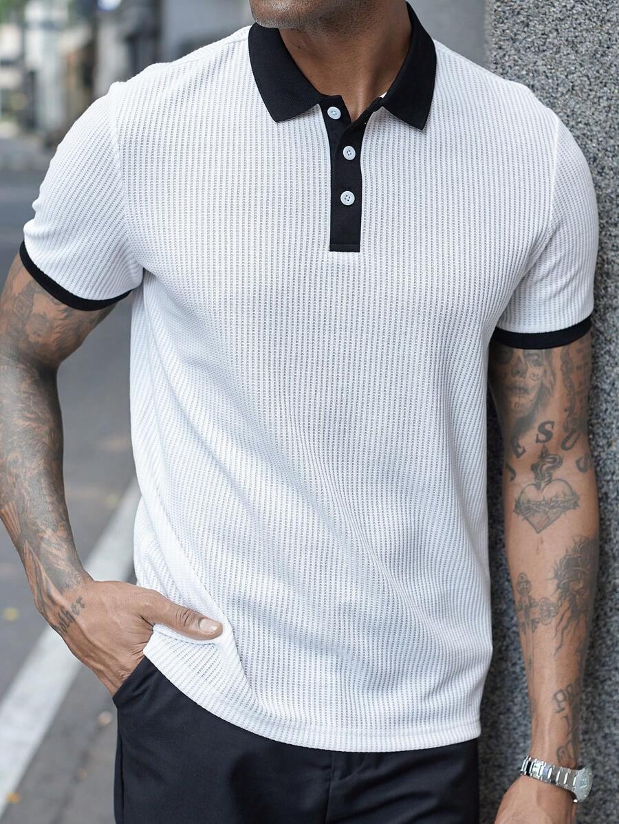 Manfinity Homme Men's Casual Business Style Waffle Contrast Trim Polo Shirt For Summer