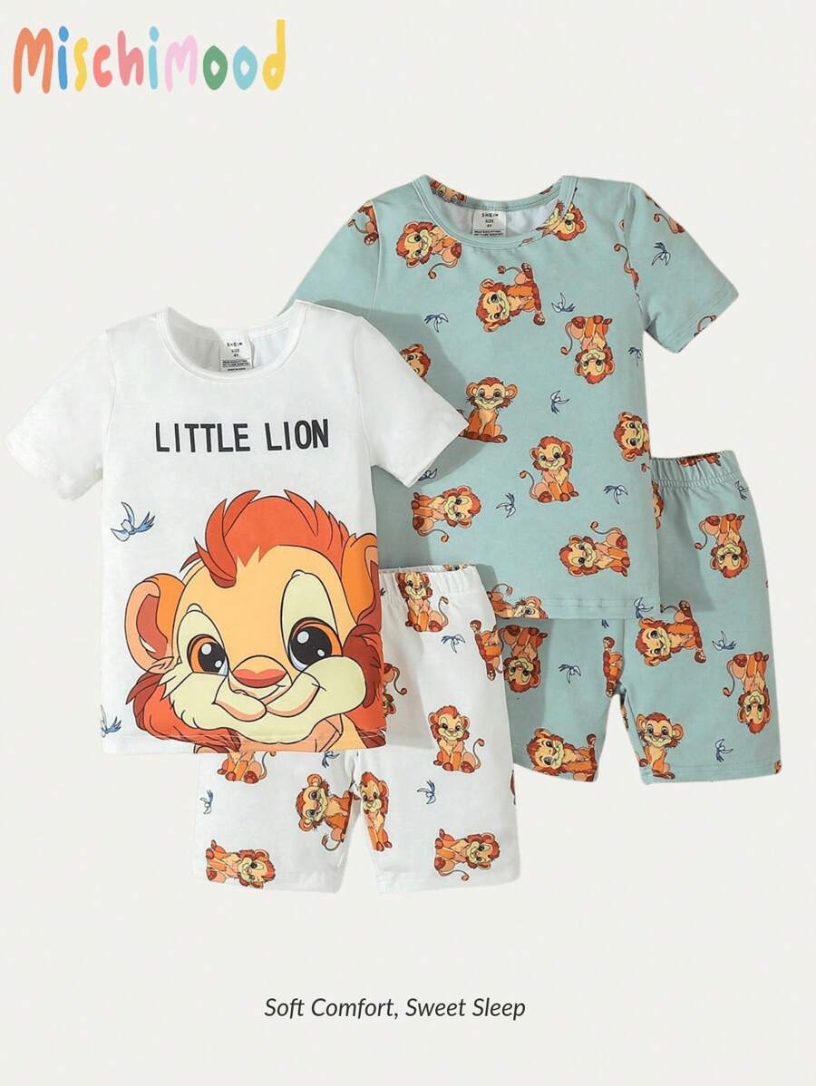 2pcs Young Boy Simple Cute Monkey Print Crew Neck Short Sleeve T-Shirt & Shorts Set, Relaxed Fit Snug Fit Pajamas