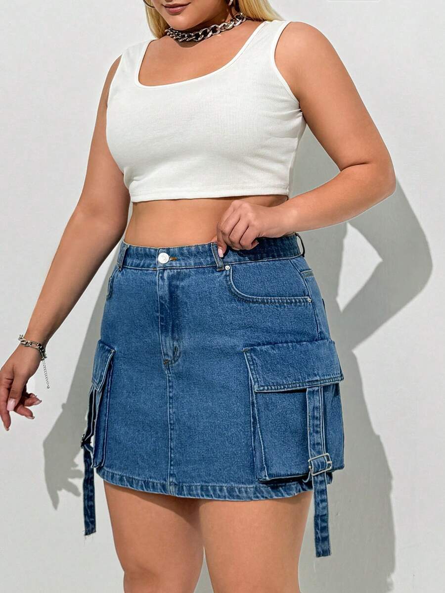 RueChic HOGE CARGO DENIM ROK PLUS MAAT