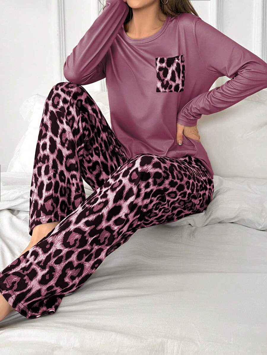 Women Leopard Print Pocket Long Sleeve Top And Pants Pajama Set, Casual