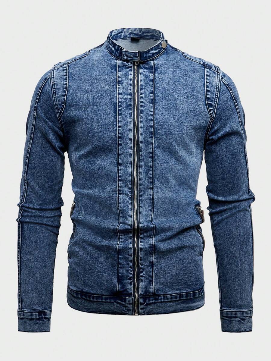 Manfinity LEGND 1 pieza Chaqueta de motociclista de mezclilla lavada azul oscuro para hombre