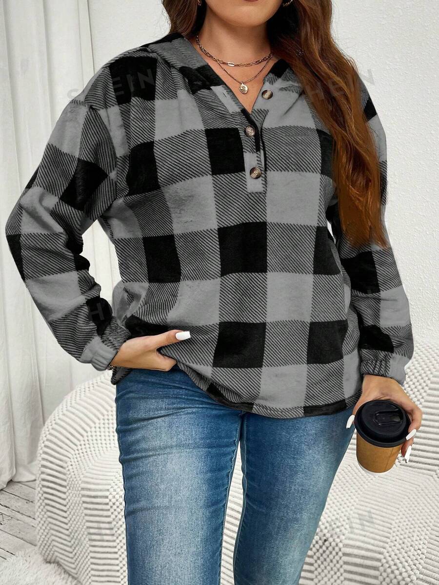 SHEIN Essnce Sudadera holgada casual con capucha a cuadros para mujer de talla grande