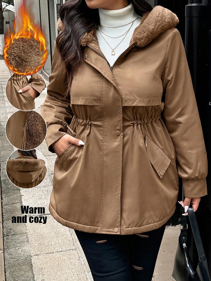 Calvaya Manteau rembourré casual pour femmes grandes tailles à manches longues, taille resserrée par cordon de serrage, doublure thermique, avec capuche pour l'automne et l'hiver