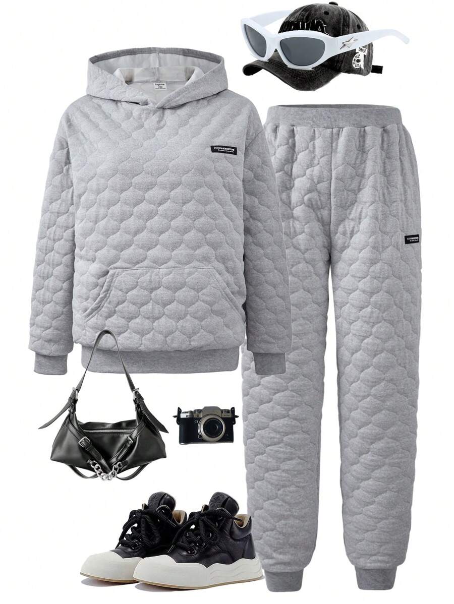 2 peças/conjunto de moletom com capuz e calças de moletom para meninas adolescentes, tecido texturizado, conjunto de roupa da moda, outono