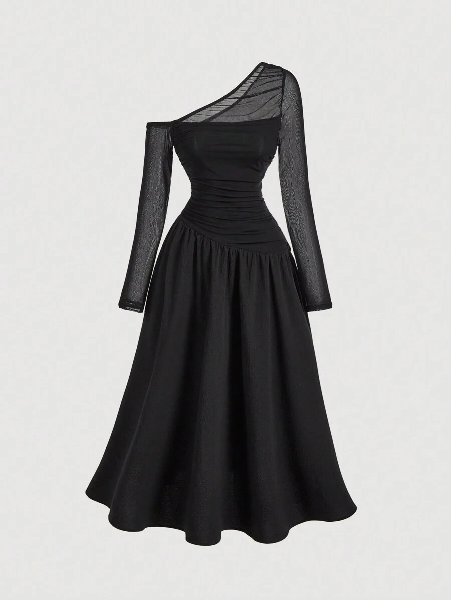 SHEIN MOD Black Asymmetrical Pleated Long Sleeve Dress, Gorgeous And Romantic, Women,Brunch Women Outfit,Tea Party Dress