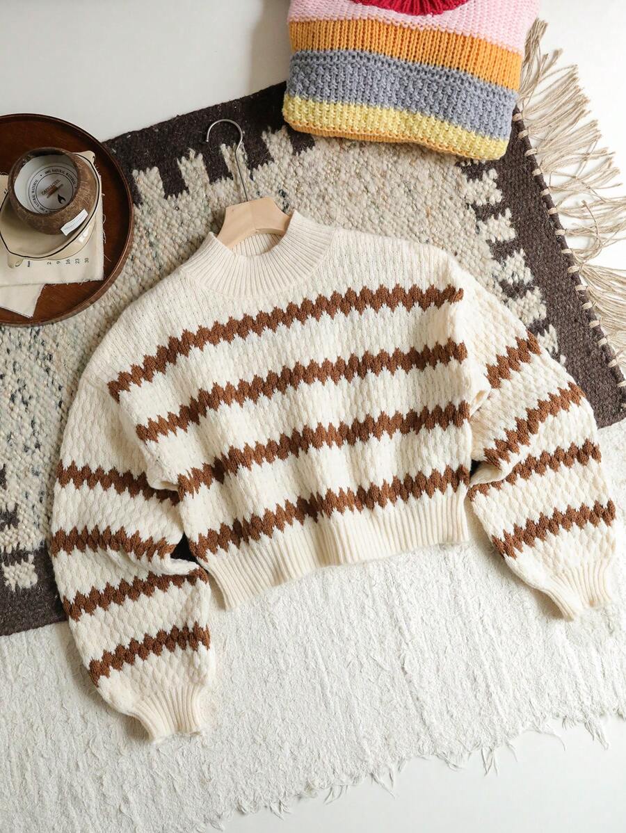 SHEIN VCAY Relaxed Striped Stand Collar Sweater For Women