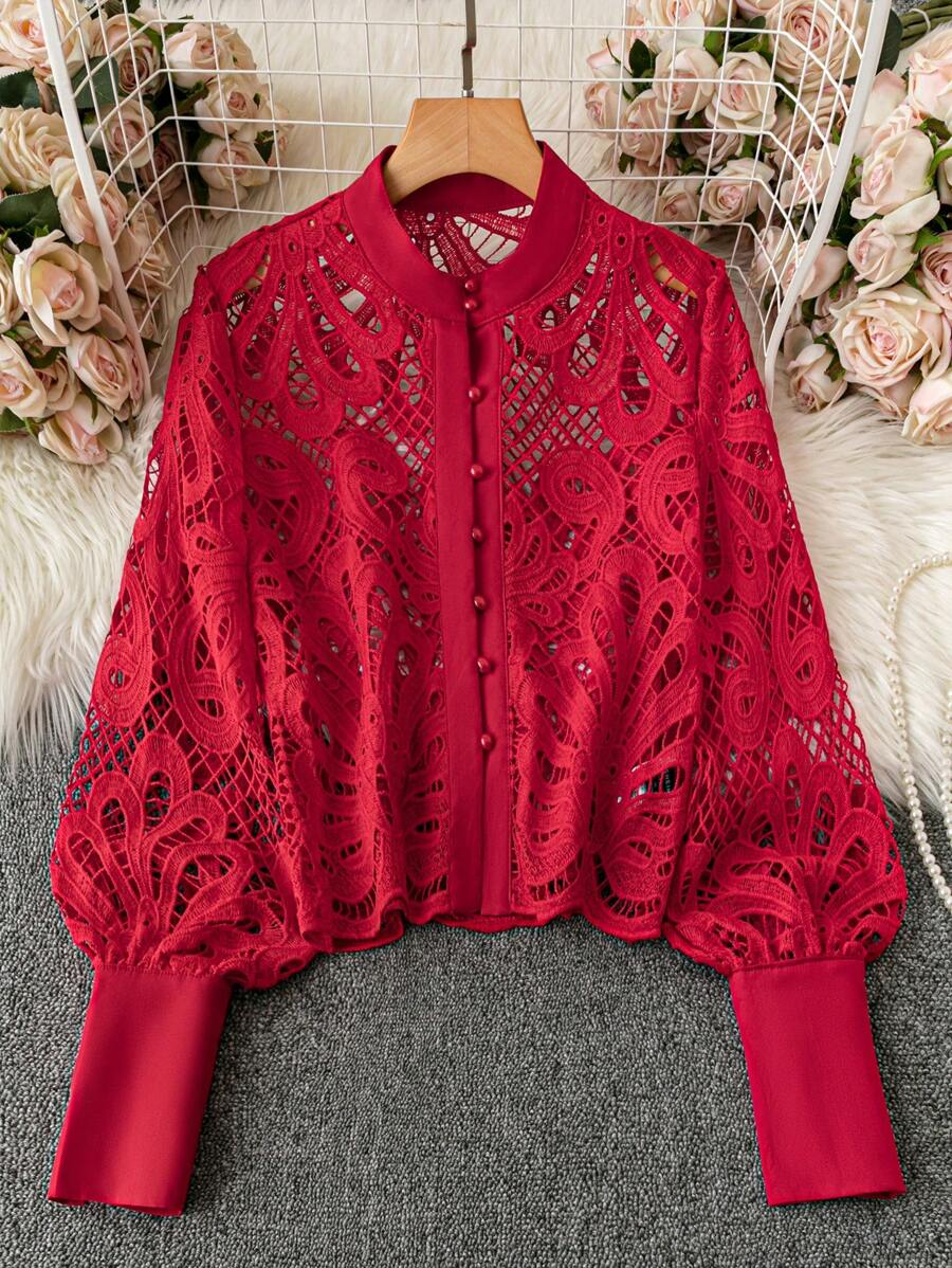 SHEIN Clasi Women's Casual Hollow-Out Water-Soluble Lace Front Button Decorated Blouse, Autumn For New Year Holiday Party Clothes Women Shirt