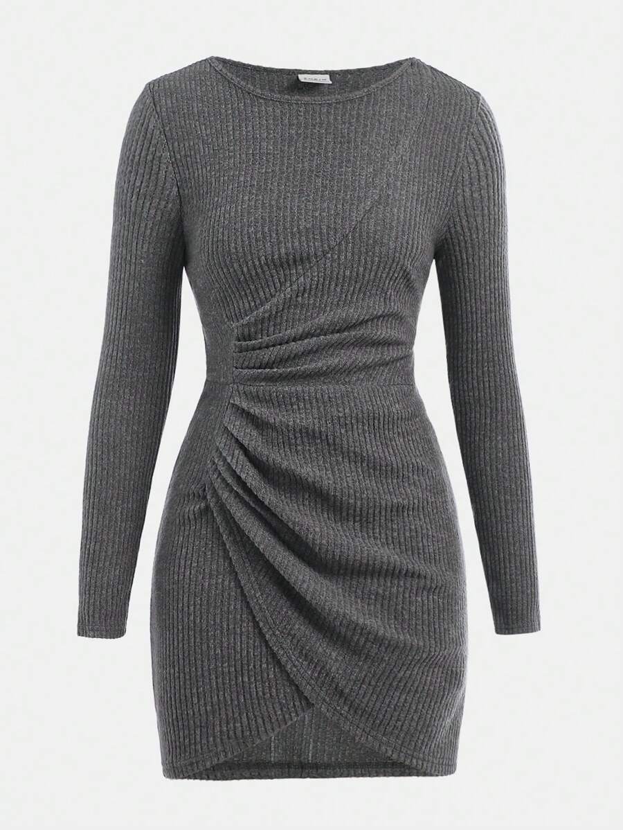 SHEIN Girlism Robe mini grise chiné foncée asymétrique à côtes tricotées et volants à l'ourlet, pour adolescentes, pour l'automne/hiver