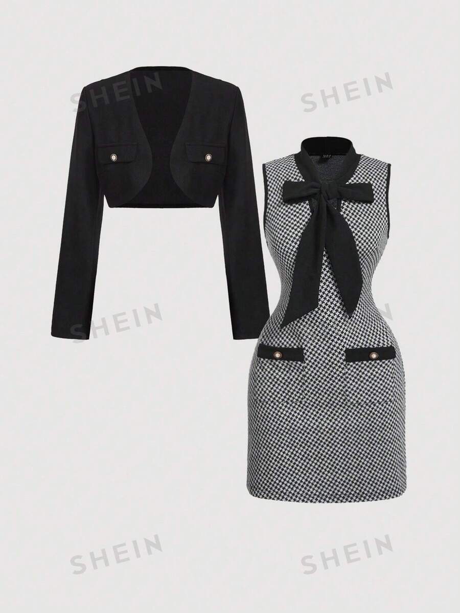 SHEIN MOD Elegante conjunto casual de traje de oficina: vestido y chaqueta, conjunto de dos piezas para otoño, chaquetas de mujer para otoño, vestimenta casual de negocios para mujer, vestido formal, conjunto de dos piezas para mujer sexy de oficina, atuendo de estilo "vieja riqueza" para maestras