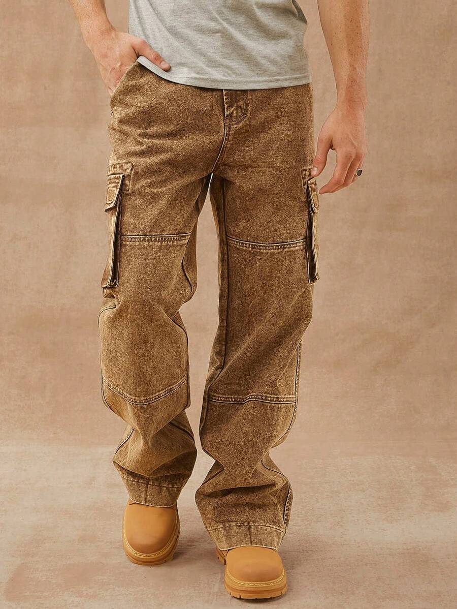 HIMLAND Men Premium Cotton Denim Cargo Loose Straight Leg Jeans