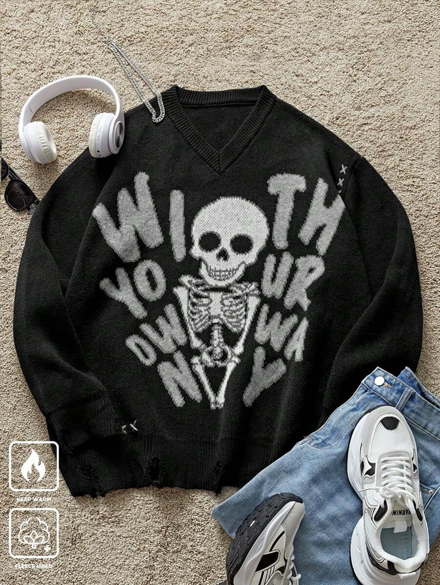 Manfinity Hypemode Skull & Letter Print Crew Neck Long Sleeve Knitted Sweater