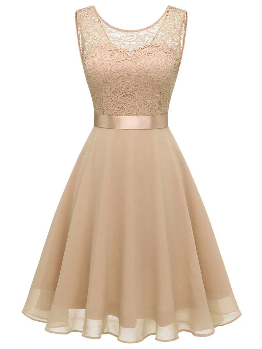 SHEIN Clasi Women Summer Sleeveless Champagne Lace Dress
