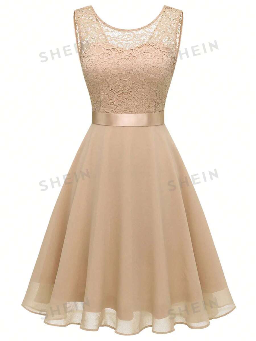 SHEIN Clasi Vestido de encaje champán sin mangas de verano para mujer
